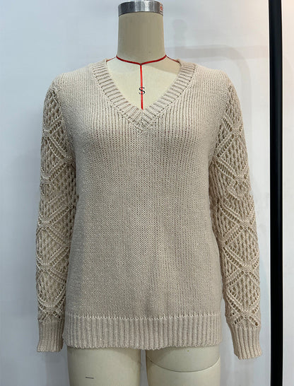 V-Neck Knit Pullover with Crochet Sleeves