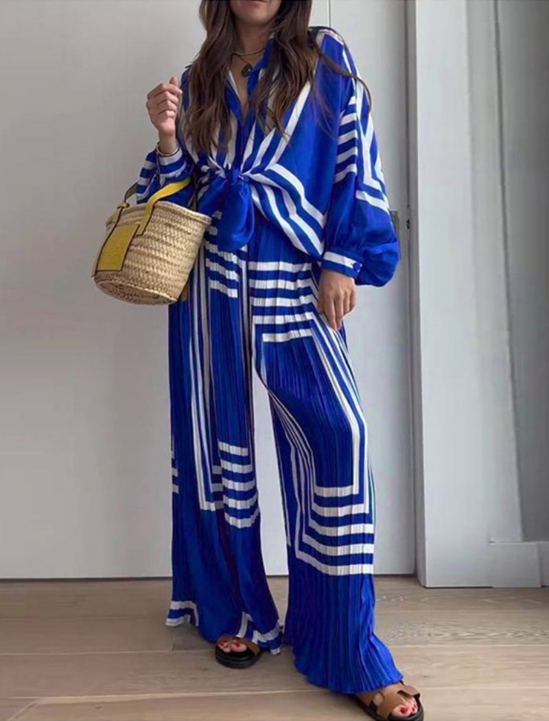 Geometric Striped Tie-Front Shirt and Pants Set