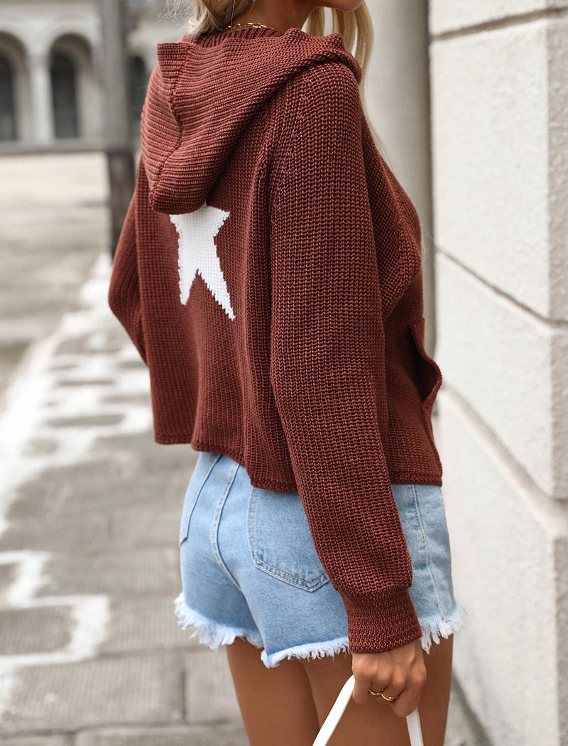 Star-Patterned Hooded Knit Cardigan