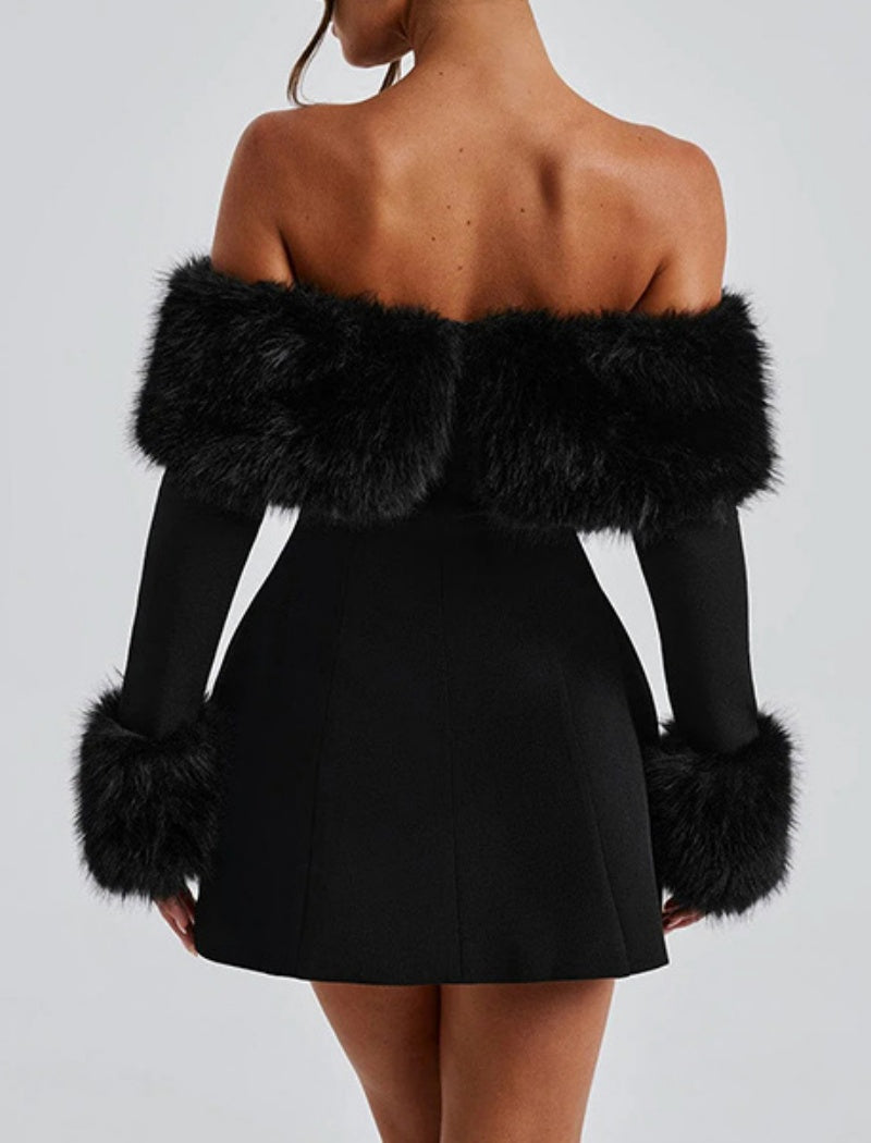 Off-Shoulder Faux Fur Trim Mini Dress