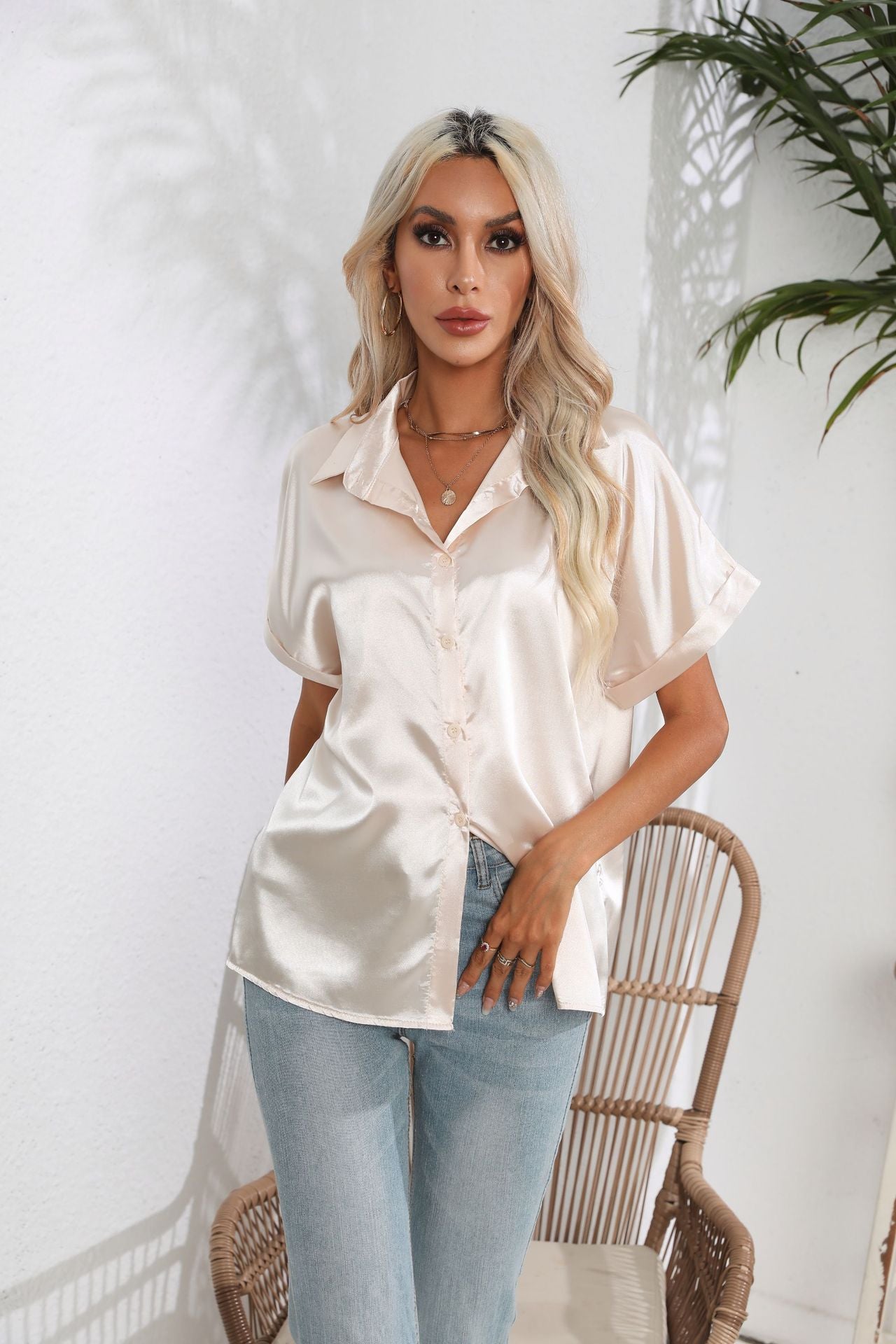 Short Sleeve Satin Crop Blouse