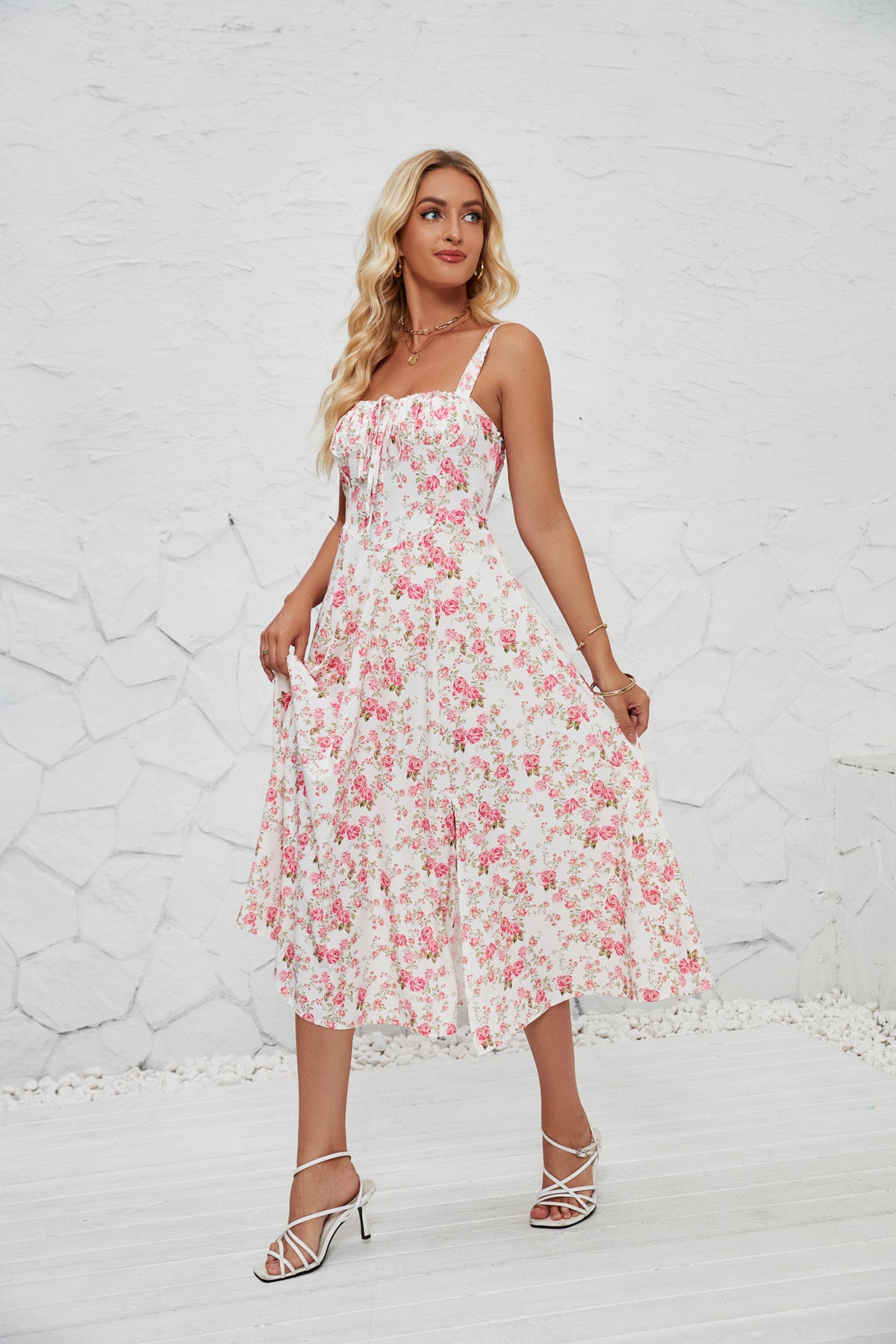 DVL407012D Floral Print Side-Slit Midi Dress