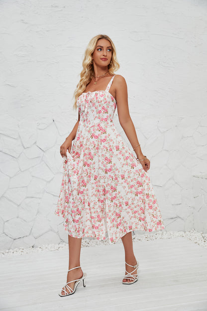 DVL407012D Floral Print Side-Slit Midi Dress