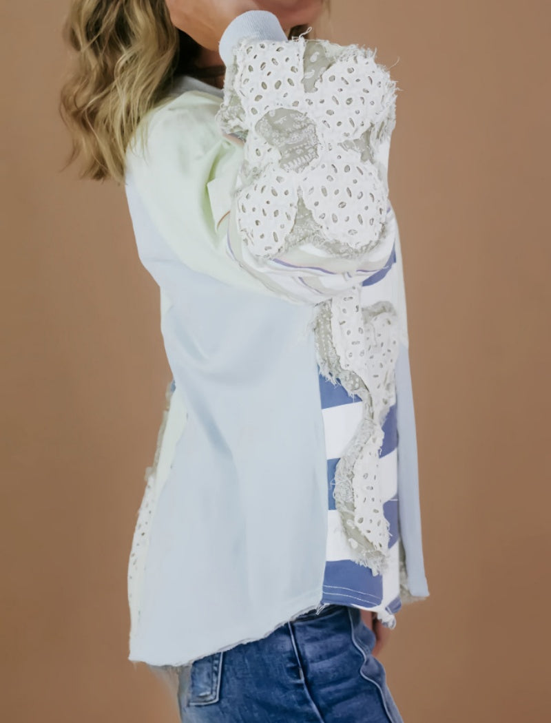 Floral Loose Colorblock Bubble Sleeve Top