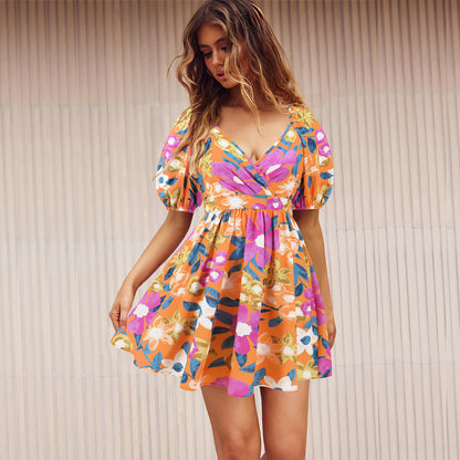 Rose Print Puff Sleeve Mini Dress