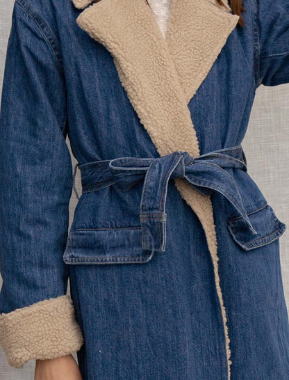 Sherpa-Lined Denim Long Coat