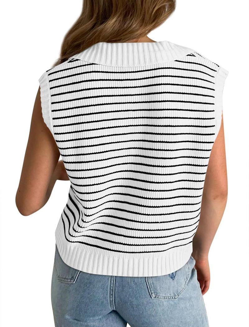 Striped Sleeveless Collared Knit Top