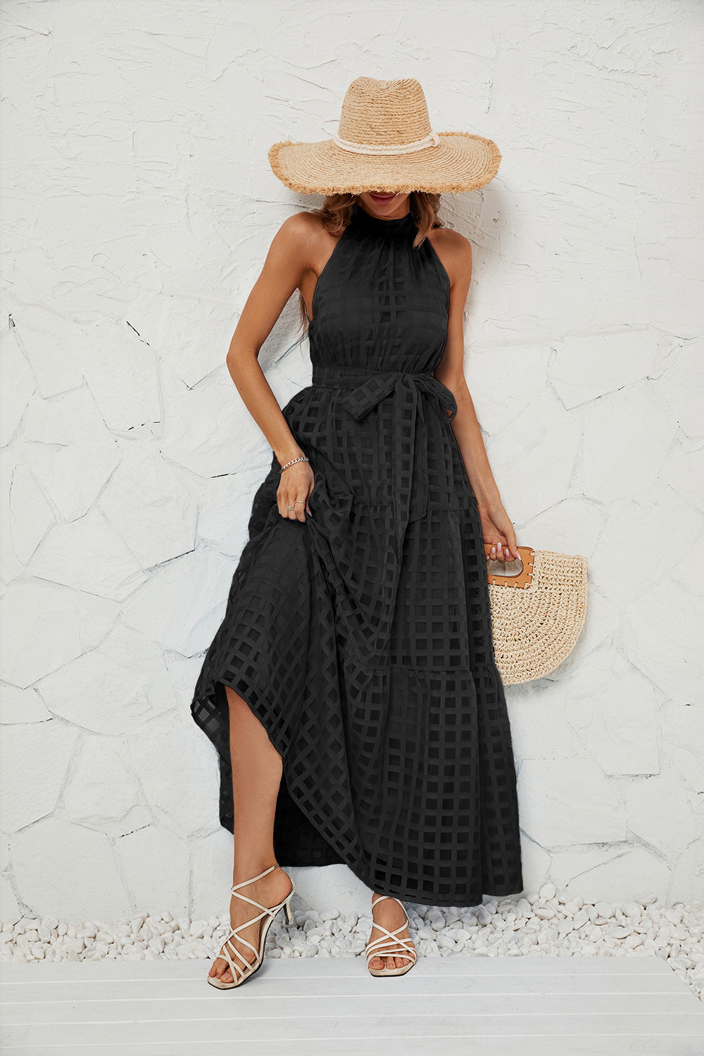 DVI407008D Halter Neck Tiered Maxi Dress