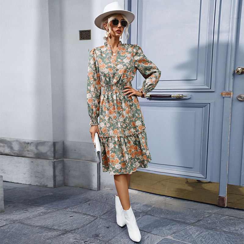 Floral Print Long Sleeve Midi Dress