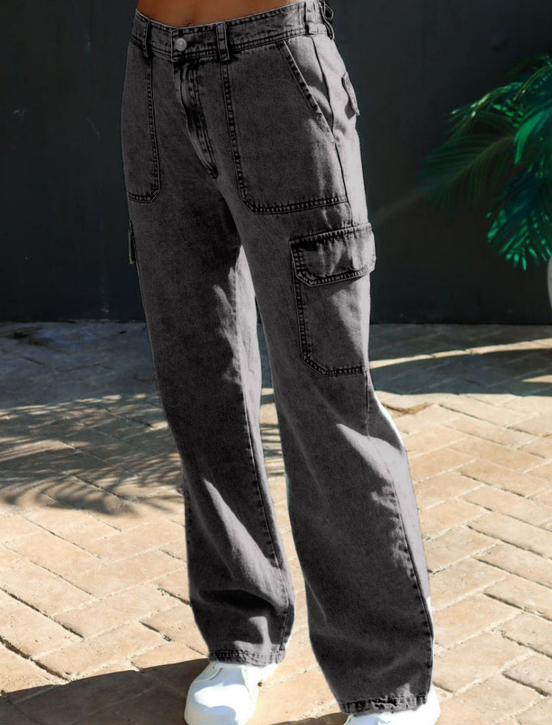 High-Waisted Cargo Style Straight Jeans