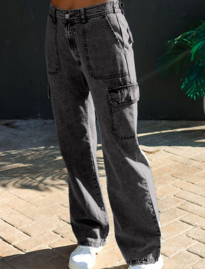 High-Waisted Cargo Style Straight Jeans