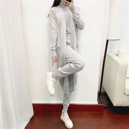 Knit Top and Long Cardigan and Pants Set