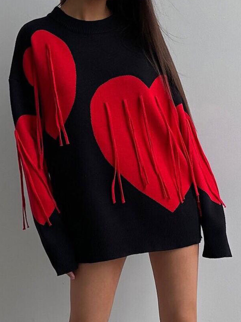 Heart Graphic Fringe Sweater