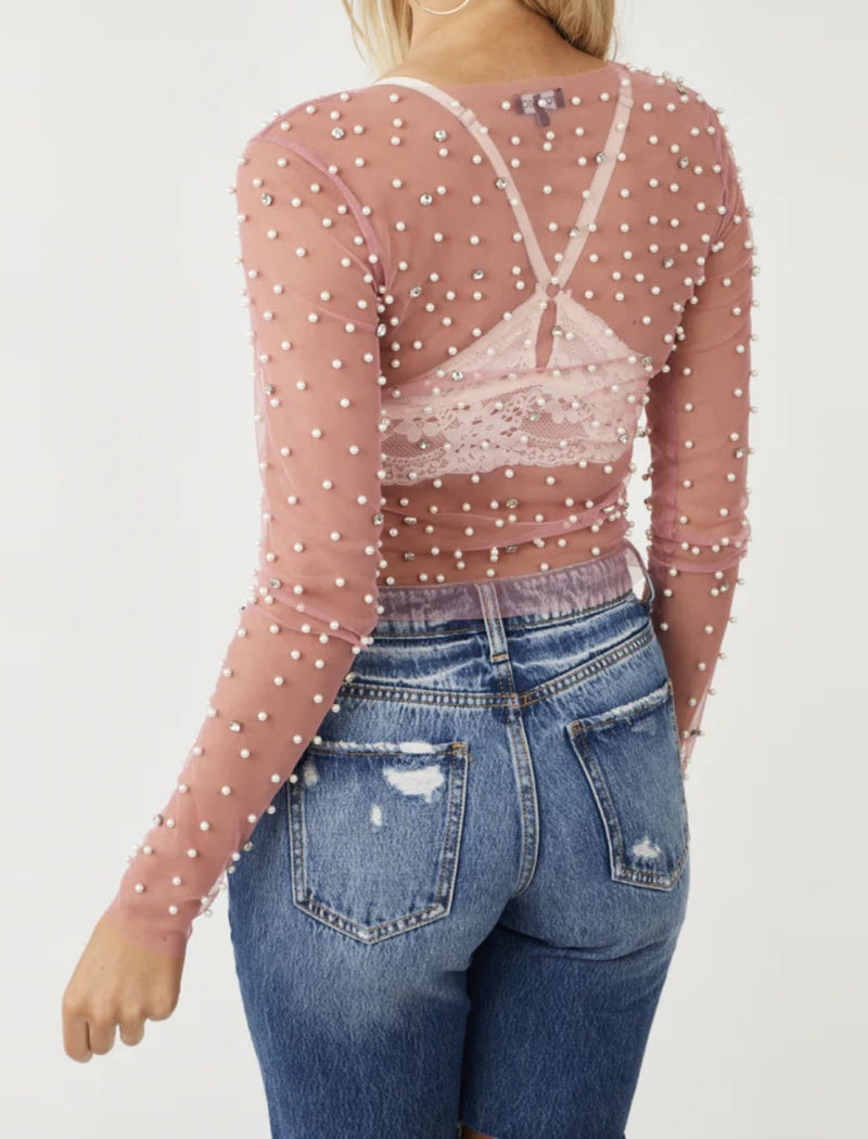 Pearl Embellished Sheer Mesh Blouse