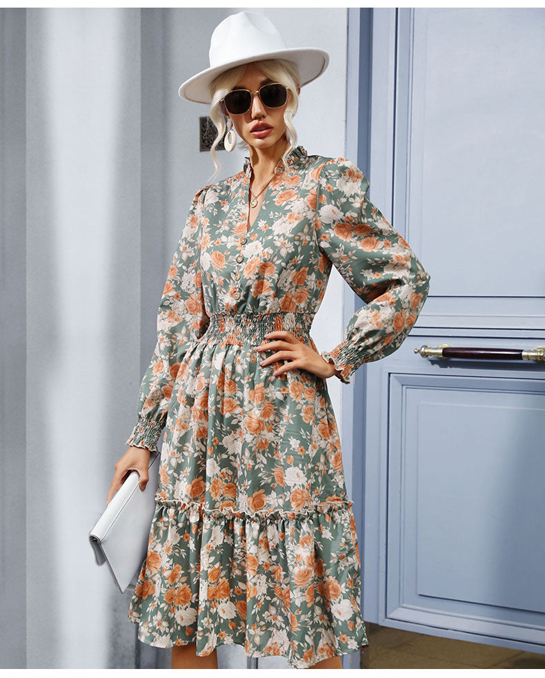 Floral Print Long Sleeve Midi Dress