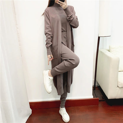 Knit Top and Long Cardigan and Pants Set