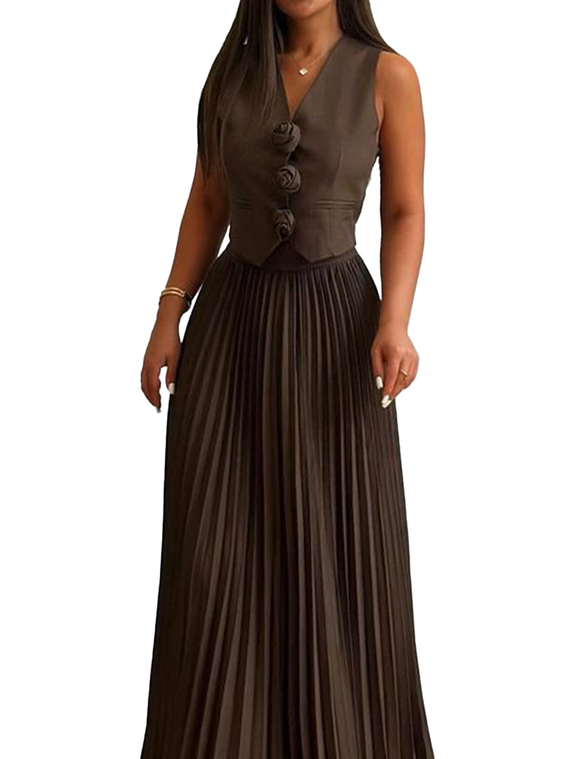 Rosette Vest and Pleated Maxi Skirt Set