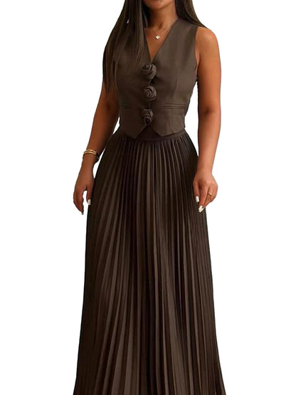 Rosette Vest and Pleated Maxi Skirt Set