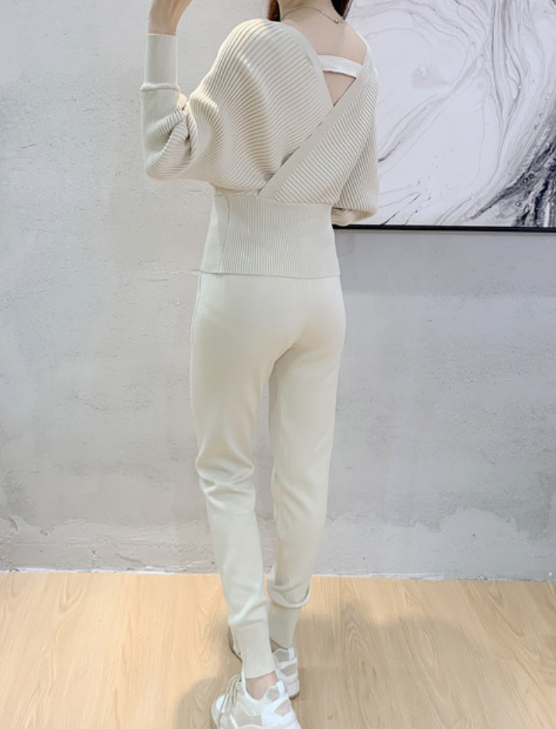 Ribbed Knit Cross-Front Lounge Set