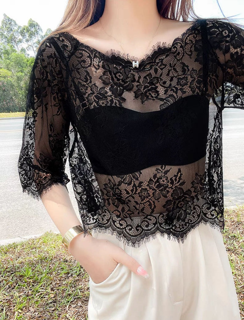 Floral Lace Overlay Sheer Blouse