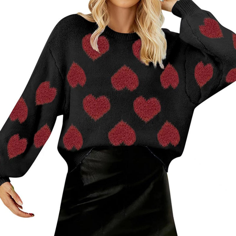 Cropped Heart-Print Long-Sleeve Sweater