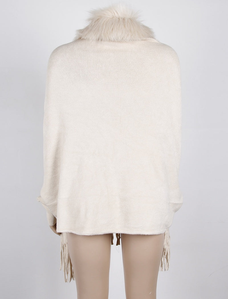 Faux Fur Trim Shawl with Fringe Detail