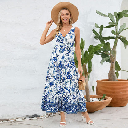 V-Neck Floral Print Maxi Dress