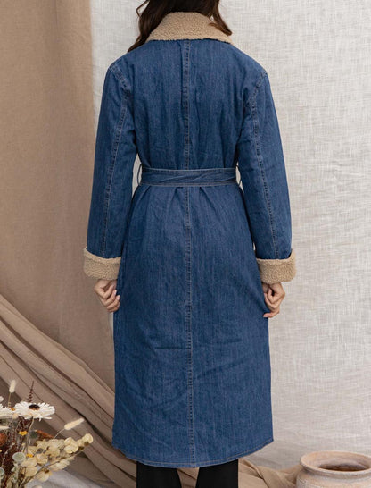 Sherpa-Lined Denim Long Coat