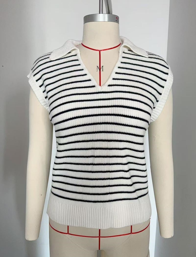 Striped Sleeveless Collared Knit Top