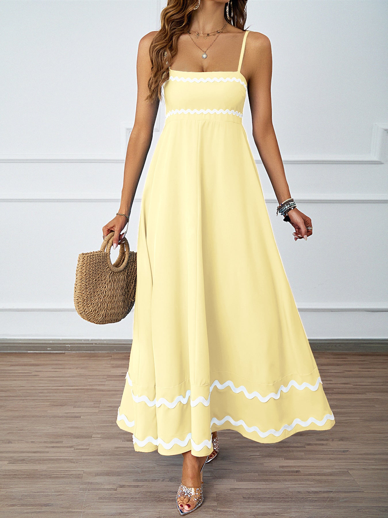 DVL407018D Contrast Trim Spaghetti Strap Maxi Dress