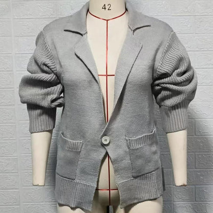 Blazer Collar Long Sleeve Knit Cardigan