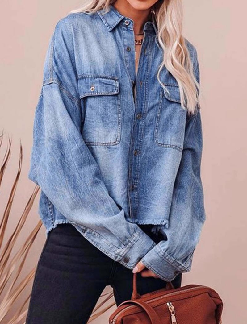 Distressed Hem Oversized Denim Shirt