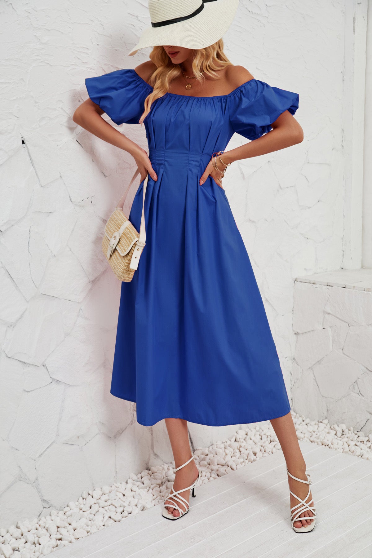 DVL407011D Off-Shoulder Puff Sleeve Midi Dress