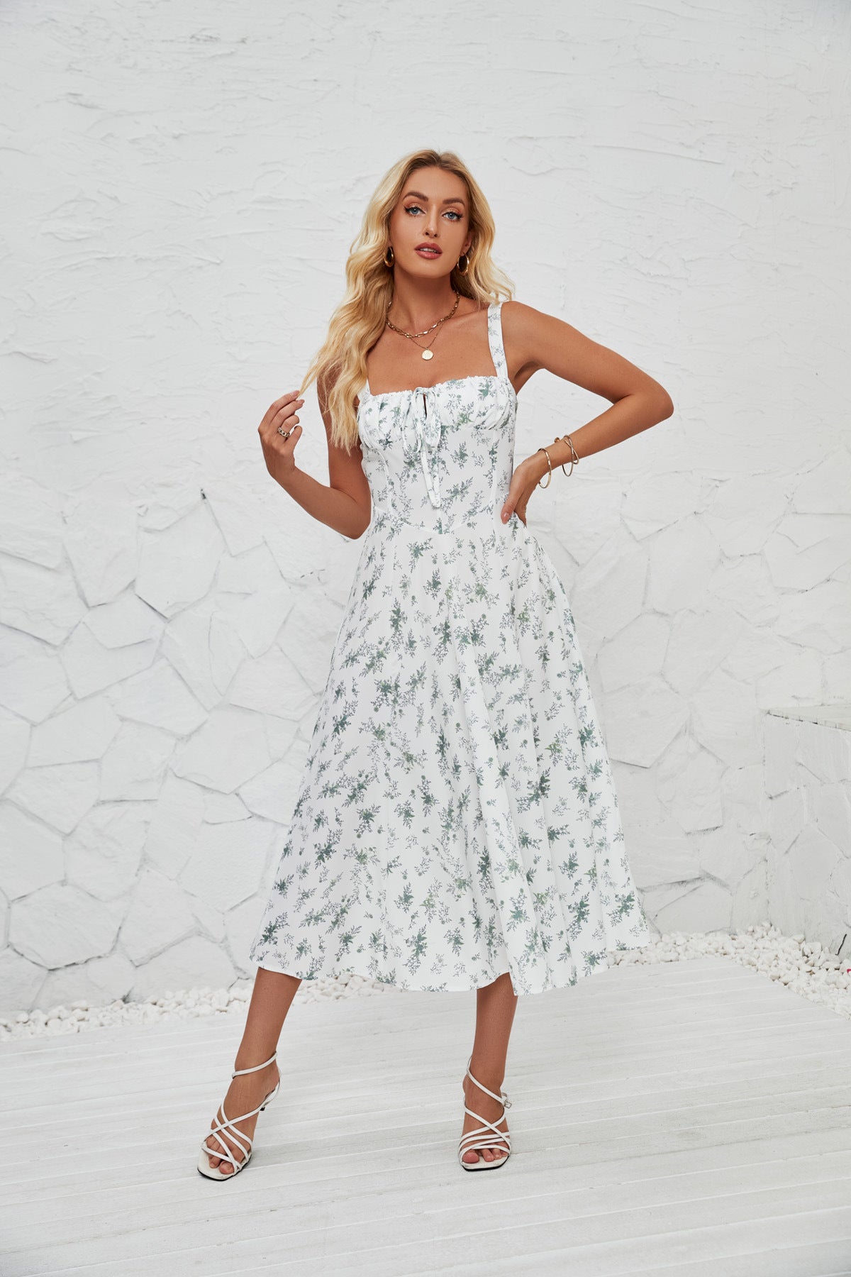 DVL407012D Floral Print Side-Slit Midi Dress