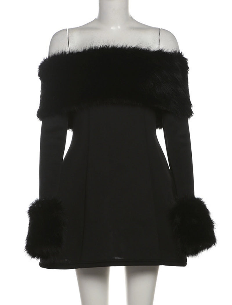 Off-Shoulder Faux Fur Trim Mini Dress