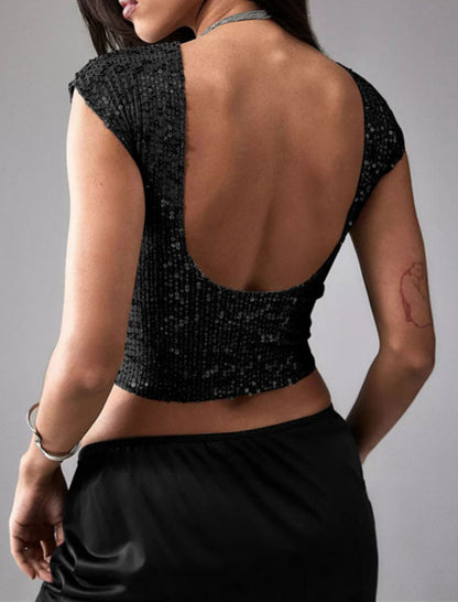 Sequin Cropped Cap Sleeve Top