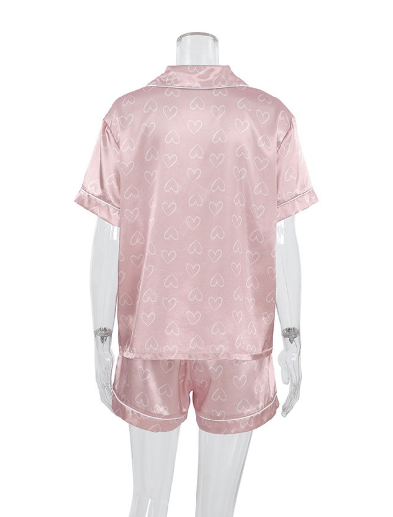 Short-Sleeve Heart-Print Satin Pajama Set