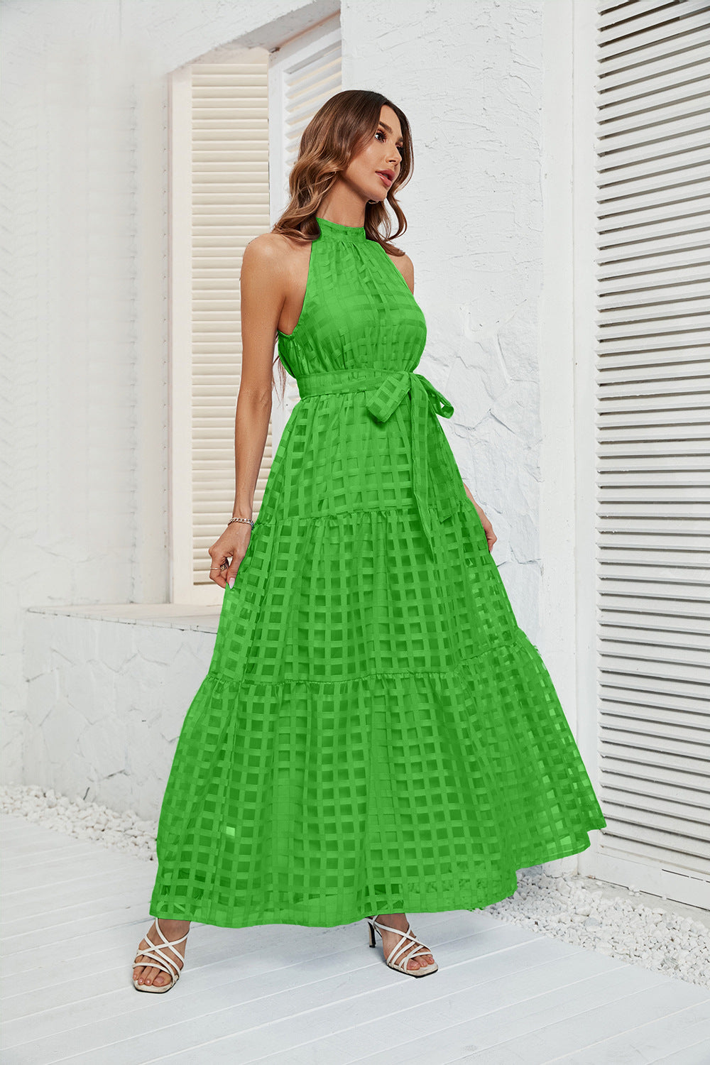 DVI407008D Halter Neck Tiered Maxi Dress