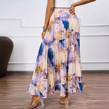 DVL407015K Pleated Abstract Print Maxi Skirt