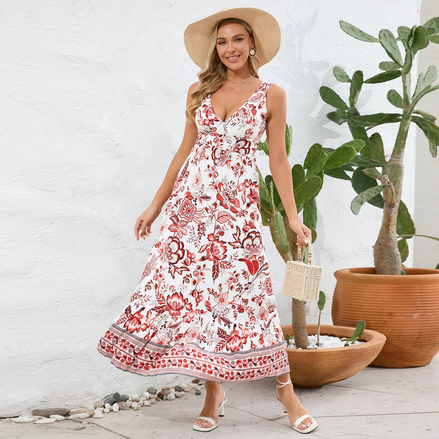 V-Neck Floral Print Maxi Dress