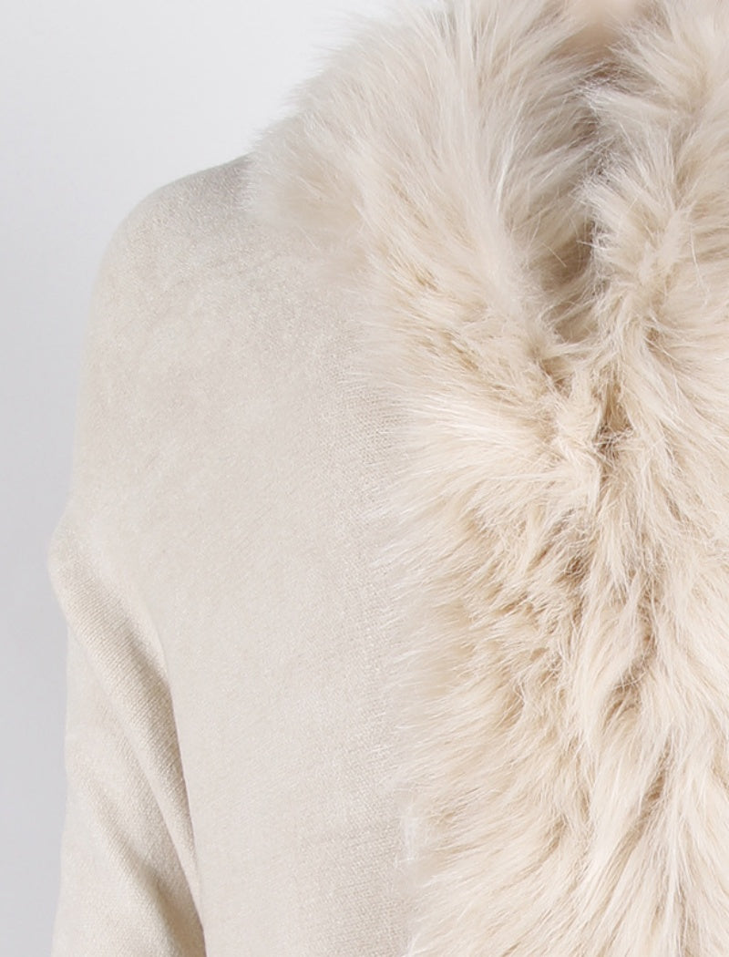 Faux Fur Trim Shawl with Fringe Detail
