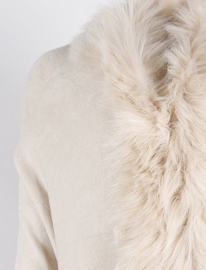 Faux Fur Trim Shawl with Fringe Detail
