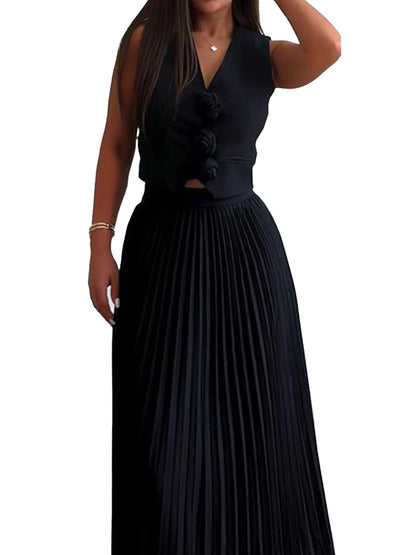 Rosette Vest and Pleated Maxi Skirt Set