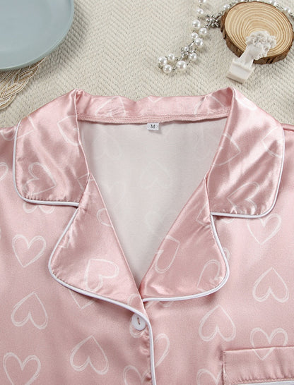 Short-Sleeve Heart-Print Satin Pajama Set