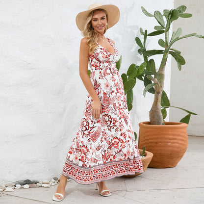 V-Neck Floral Print Maxi Dress