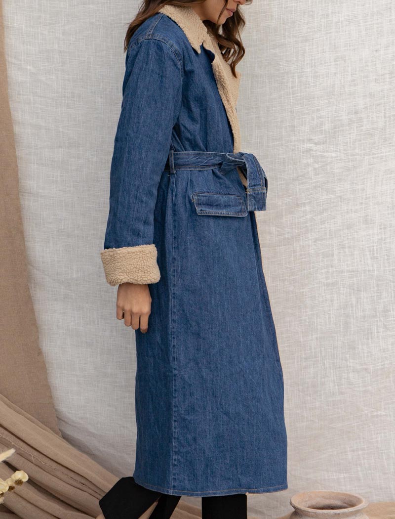 Sherpa-Lined Denim Long Coat