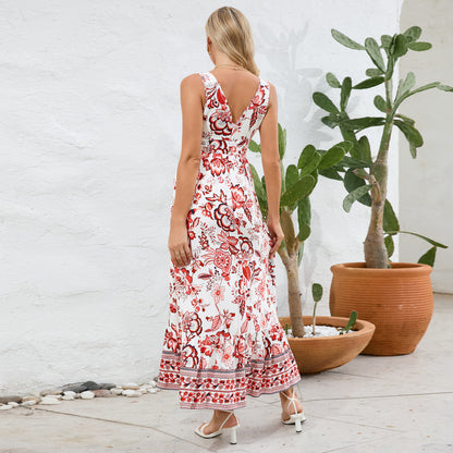 V-Neck Floral Print Maxi Dress