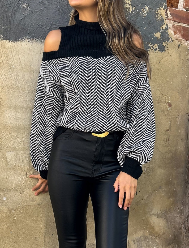 Off-Shoulder Herringbone Sweater