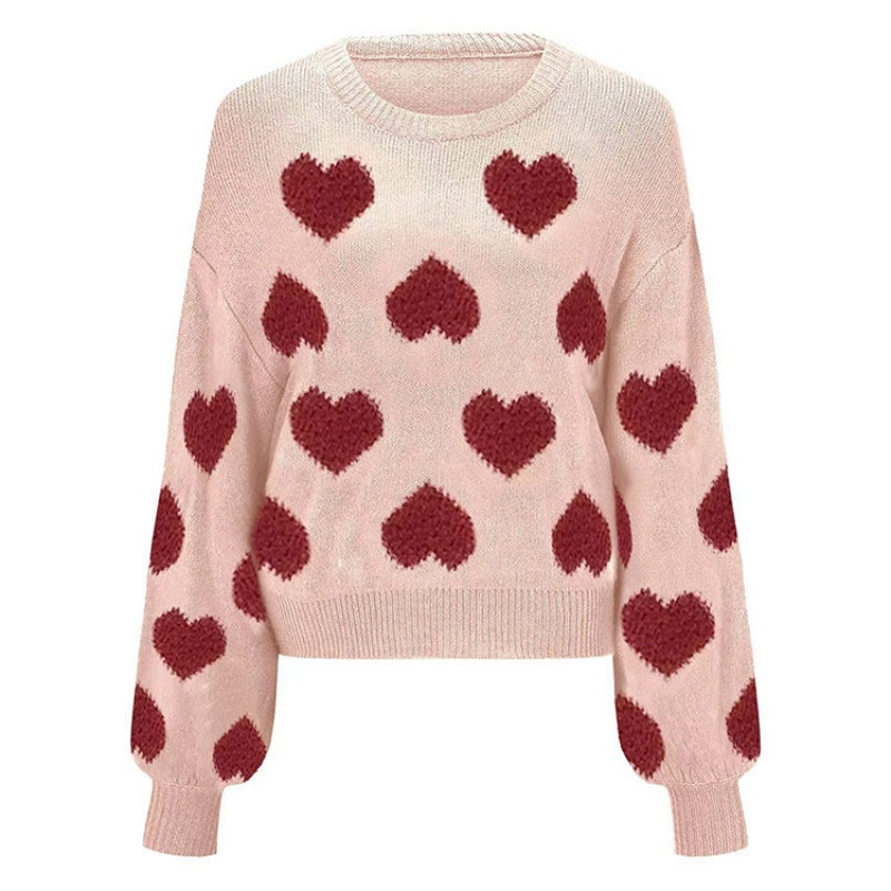 Cropped Heart-Print Long-Sleeve Sweater