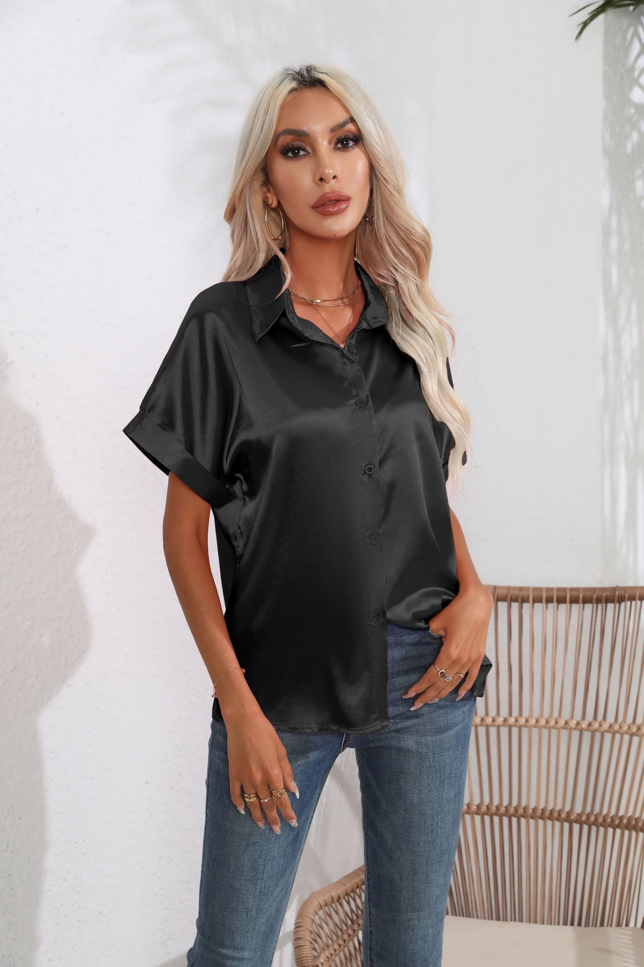 Short Sleeve Satin Crop Blouse